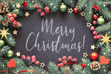 Decorated dark background with frosted berries and fir twigs, text "Merry Christmas" on dark background