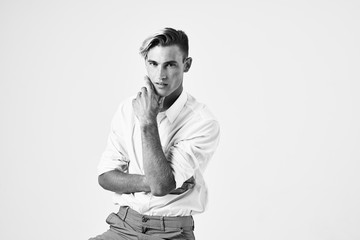 man black and white photo