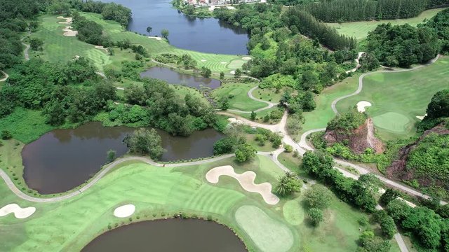 aerial view drone shot of golf course