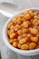 baked beans in white dish