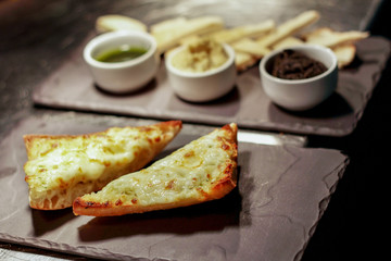 garlic bread and hummus dip appetizer