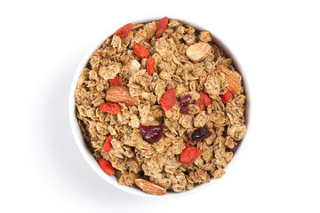 Close up Granola on white bowl isolated on white background.
