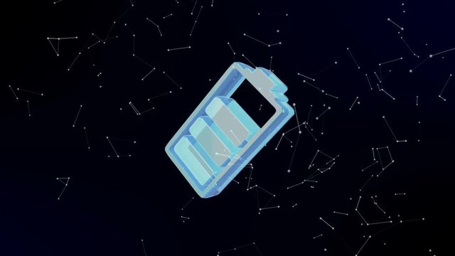 battery being formed by revolving particles. Futuristic structure of plexus lines and points, dark blue abstract background