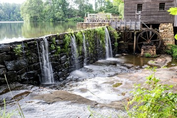 Green foliage growing on the dam with the flume and waterwheel in view at Historic Yates Mill...