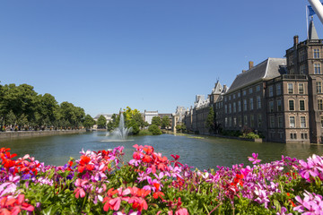 Fototapeta premium Fontanna na stawie na tle zamku Binnenhof w Hadze