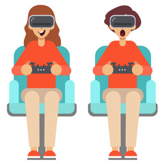 Man and woman use virtual reality glasses with controllers. Vector illustration
