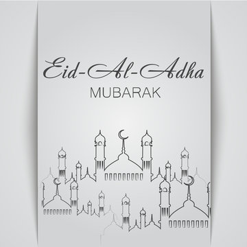 Aid Al Adha greeting card template with mosque. Vector