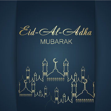 Aid Al Adha greeting card template with mosque. Vector