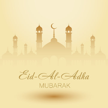 Aid Al Adha greeting card template with mosque. Vector
