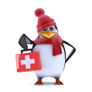 Vector 3d Winter penguin brings first aid