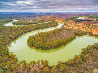 Murray River bends and agricultural fields in Riverland region of South Australia