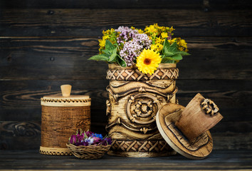  Healing herbs and flowers in birch bark boxes. Organic Medicinal Products. Herbal medicine.