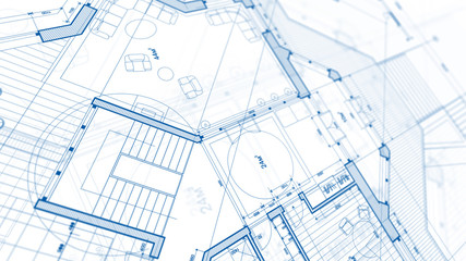Architecture design: blueprint plan - illustration of a plan modern residential building / technology, industry, business concept illustration: real estate, building, construction, architecture
