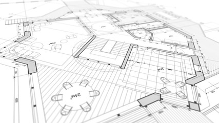 Architecture design: blueprint plan - illustration of a plan modern residential building / technology, industry, business concept illustration: real estate, building, construction, architecture
