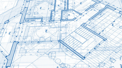 Architecture design: blueprint plan - illustration of a plan modern residential building / technology, industry, business concept illustration: real estate, building, construction, architecture