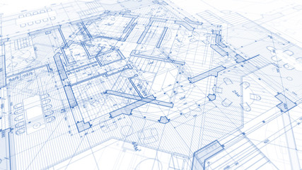 Architecture design: blueprint plan - illustration of a plan modern residential building / technology, industry, business concept illustration: real estate, building, construction, architecture