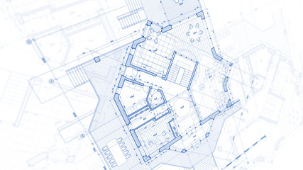 Architecture design: blueprint plan - illustration of a plan modern residential building / technology, industry, business concept illustration: real estate, building, construction, architecture