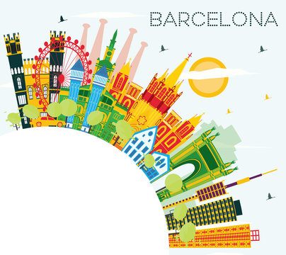 Barcelona Skyline with Color Buildings, Blue Sky and Copy Space.