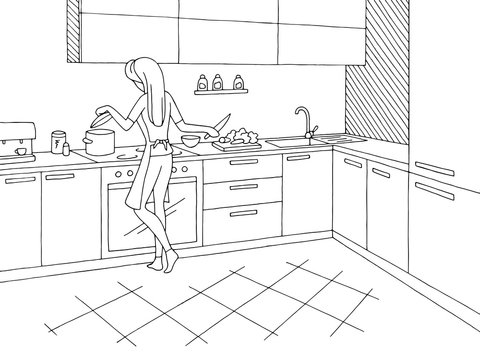 Kitchen room graphic black white home interior sketch illustration vector. Woman cooking