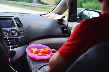 Man sitting in car and holding bowl with sliced tomato as healthy snack on road trip. Summer vacation travel by car concept.