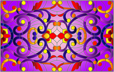 Illustration in stained glass style with abstract  swirls,flowers and leaves  on a purple background,horizontal orientation