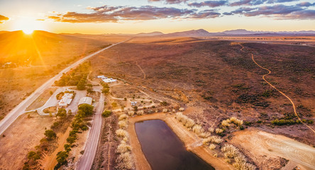 Sunset over Flinders Ranges in South Australia - aerial panorama