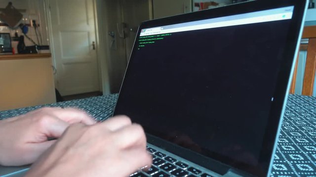 woman coding from sideway angle on a laptop and hacking a terminal