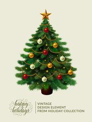 Vintage christmas tree with xmas decorations - ornaments, stars, garlands, snowflakes, lamps. Isolated. Merry Christmas and happy new year. Happy holidays text and logo. Vector illustration. EPS 10