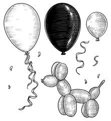Balloons illustration, drawing, engraving, ink, line art, vector