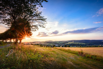 Fototapeta na wymiar Weg zum Ort Dorf in Landschaft Erzgebirge im Sonnenuntergang