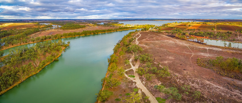 Aerial panorama of Murray River at Kingston on Murray, Riverland, South Australia