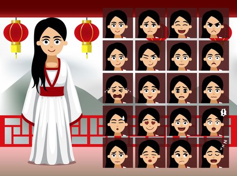 Chinese Period Dress Lady Cartoon Emotion faces Vector Illustration