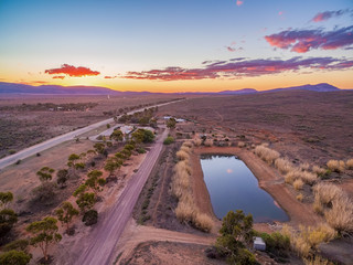Rural landscape of South Australia near Flinders Ranges at sunset - aerial view