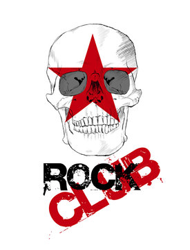 Rock club. Skull sketch & red grunge star. Vector design element