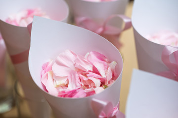 fresh pink roses wrapped in paper with satin ribbon
