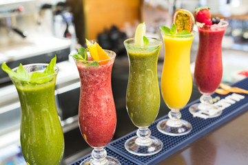 Fresh Color Juices Smoothie Violet Green Yellow Orange Red Tropical Fruits