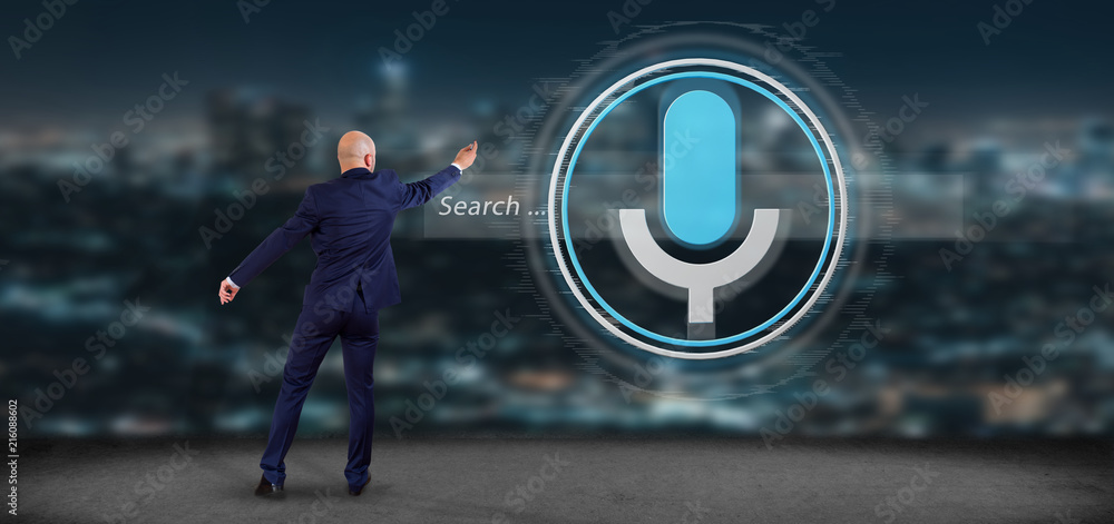 Poster businessman in front of a vocal search system with button and icon3d rendering