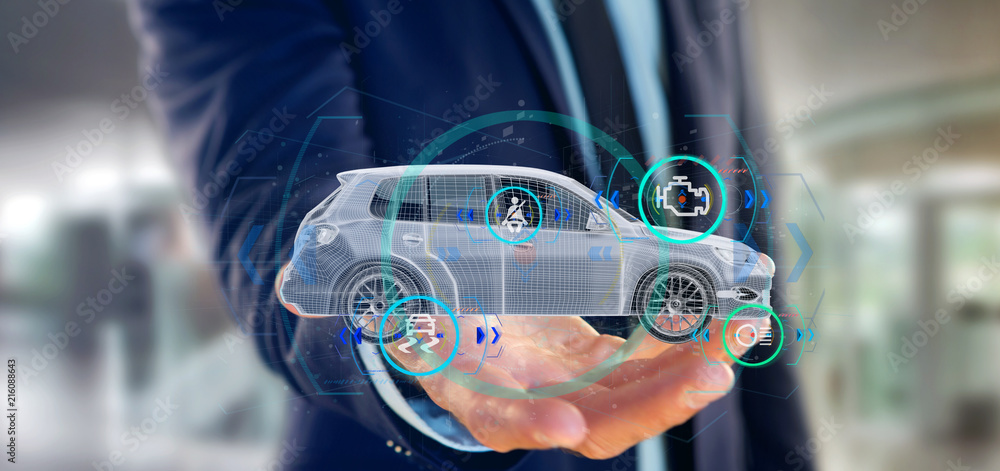 Poster man holding a smartcar with checkings 3d rendering