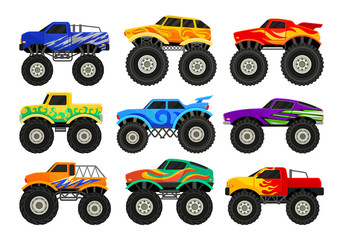 Set von Monstertrucks. Schwere Autos mit großen Reifen und schwarz getönten Scheiben. Flacher Vektor für Werbeplakate, Computer oder Handyspiele