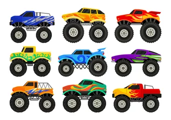Wall murals Cartoon cars Set of monster trucks. Heavy cars with large tires and black tinted windows. Flat vector for advertising poster, computer or mobile game