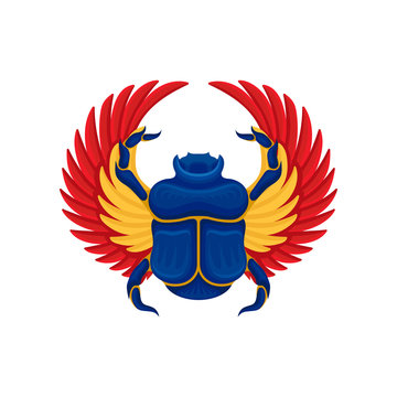 Flat vector icon of blue scarab beetle with yellow-orange wings. Ancient sacred insect. Symbol of Egyptian culture