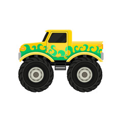 Large bright yellow pickup truck with green decal. Monster car with big tires and black tinted windows. Extreme transport. Flat vector icon © Happypictures