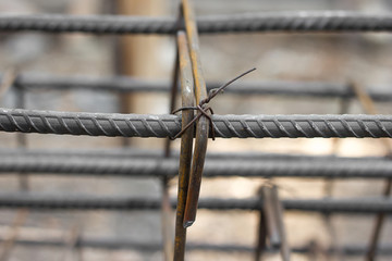 Reinforcing steel bars for building structure at construction site.
