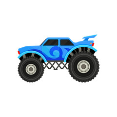 Flat vector icon of big monster truck. Blue car with large tires, spoiler and black tinted windows. Automobile theme