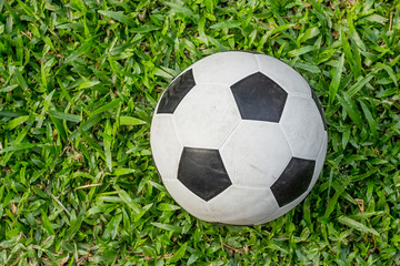 Soccer ball on green grass soccer field.