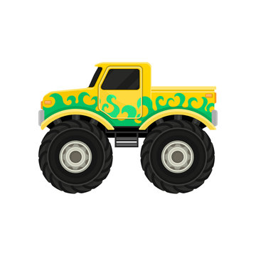 Large bright yellow pickup truck with green decal. Monster car with big tires and black tinted windows. Extreme transport. Flat vector icon