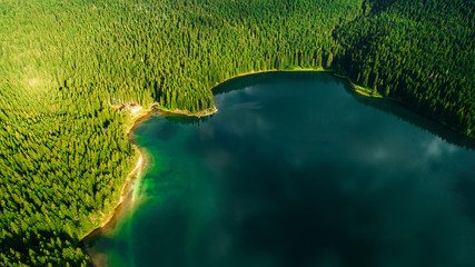 Aerial view of blue lake and green forests on a sunny summer day in Black Lake, Montenegro