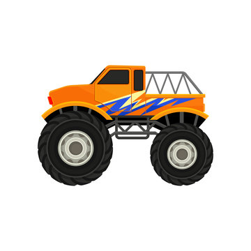 Flat vector icon of heavy monster truck. Orange pickup with large tires, black tinted windows and blue decal. Automobile theme