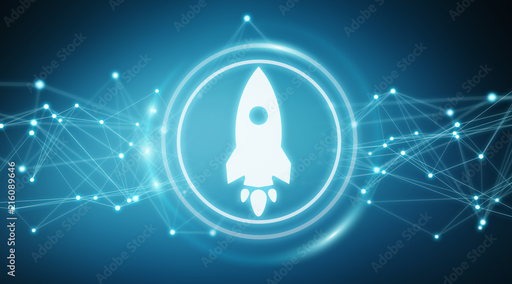 Poster Startup rocket digital interface 3D rendering