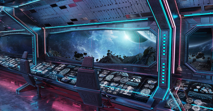 Grunge Spaceship interior with view on planet Earth 3D rendering